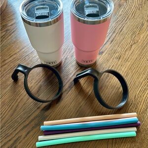 YETI 30 oz Tumbler Set (pink & white) with YETI Handles and New Silicone Straws